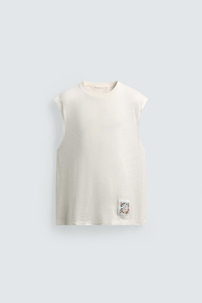 T-SHIRT TANK DE ALGODÃO-LINHO COM PATCH