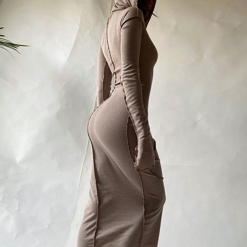 Vestido americano de verão transfronteiriço novo vestido slim streetstyle, de manga comprida, com capuz de cor sólida e de bainha invertida, ajustado às ancas para mulheres