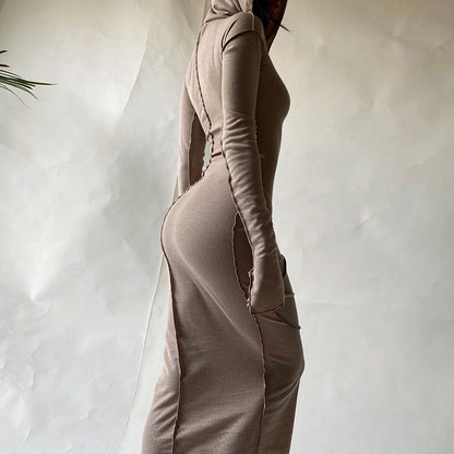 Vestido americano de verão transfronteiriço novo vestido slim streetstyle, de manga comprida, com capuz de cor sólida e de bainha invertida, ajustado às ancas para mulheres