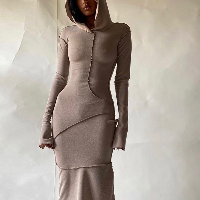 Vestido americano de verão transfronteiriço novo vestido slim streetstyle, de manga comprida, com capuz de cor sólida e de bainha invertida, ajustado às ancas para mulheres
