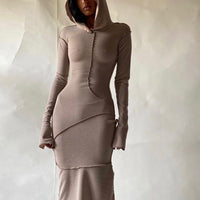 Vestido americano de verão transfronteiriço novo vestido slim streetstyle, de manga comprida, com capuz de cor sólida e de bainha invertida, ajustado às ancas para mulheres