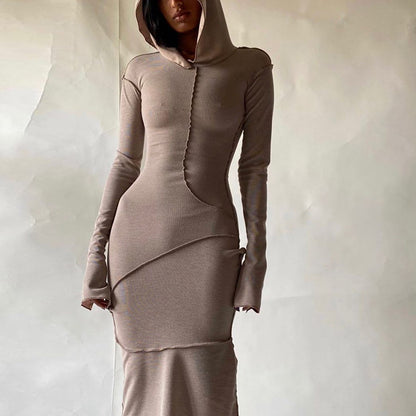 Vestido americano de verão transfronteiriço novo vestido slim streetstyle, de manga comprida, com capuz de cor sólida e de bainha invertida, ajustado às ancas para mulheres