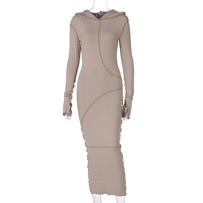 Vestido americano de verão transfronteiriço novo vestido slim streetstyle, de manga comprida, com capuz de cor sólida e de bainha invertida, ajustado às ancas para mulheres