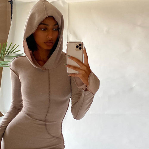 Vestido americano de verão transfronteiriço novo vestido slim streetstyle, de manga comprida, com capuz de cor sólida e de bainha invertida, ajustado às ancas para mulheres