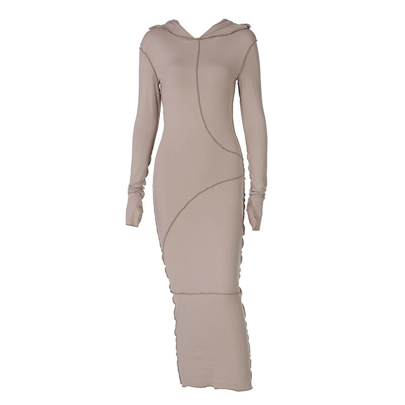 Vestido americano de verão transfronteiriço novo vestido slim streetstyle, de manga comprida, com capuz de cor sólida e de bainha invertida, ajustado às ancas para mulheres