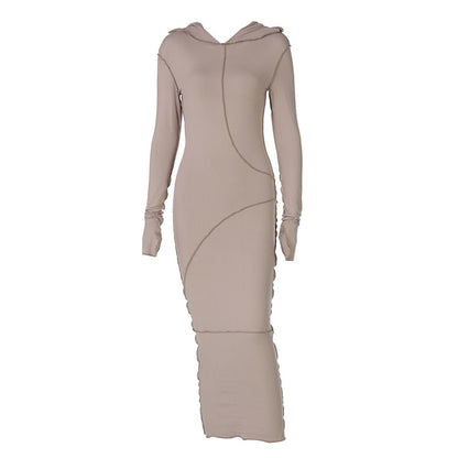Vestido americano de verão transfronteiriço novo vestido slim streetstyle, de manga comprida, com capuz de cor sólida e de bainha invertida, ajustado às ancas para mulheres