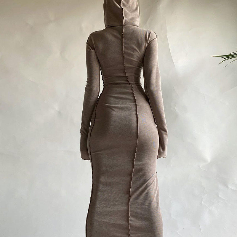 Vestido americano de verão transfronteiriço novo vestido slim streetstyle, de manga comprida, com capuz de cor sólida e de bainha invertida, ajustado às ancas para mulheres