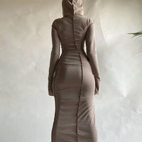 Vestido americano de verão transfronteiriço novo vestido slim streetstyle, de manga comprida, com capuz de cor sólida e de bainha invertida, ajustado às ancas para mulheres