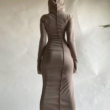 Vestido americano de verão transfronteiriço novo vestido slim streetstyle, de manga comprida, com capuz de cor sólida e de bainha invertida, ajustado às ancas para mulheres