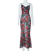 2026 Verão INS Style Fashion Novo vestido sexy de decote em V, elegante, versátil, slim, longo, com alças longas estampadas para mulheres