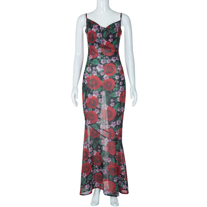 2026 Verão INS Style Fashion Novo vestido sexy de decote em V, elegante, versátil, slim, longo, com alças longas estampadas para mulheres