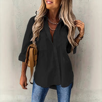 Nova camisa feminina feminina europeia e americana 2024 versátil de bolso, bolso solto, manga longa e gola virada para baixo
