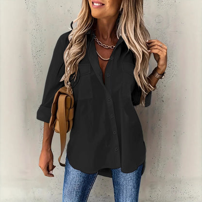 Nova camisa feminina feminina europeia e americana 2024 versátil de bolso, bolso solto, manga longa e gola virada para baixo
