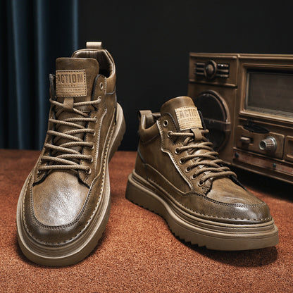 Calçado de trabalho para homem, outono 2024 novas botas Martin vintage versáteis ao estilo britânico, ténis casuais masculinos, sapatos de couro modernos para homem