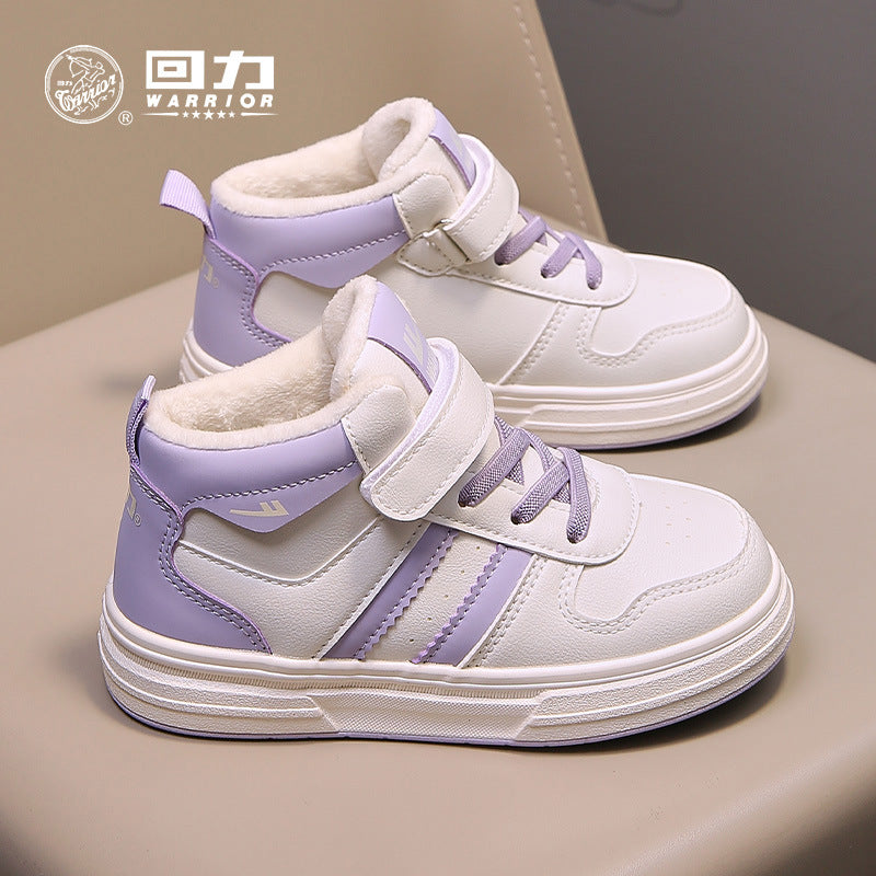 Sapatos roxos de lã alta, forrados a polar, sapatos infantis Warrior, sapatos de algodão para raparigas, sapatos casuais às riscas com sola grossa, sapatos novos para homem