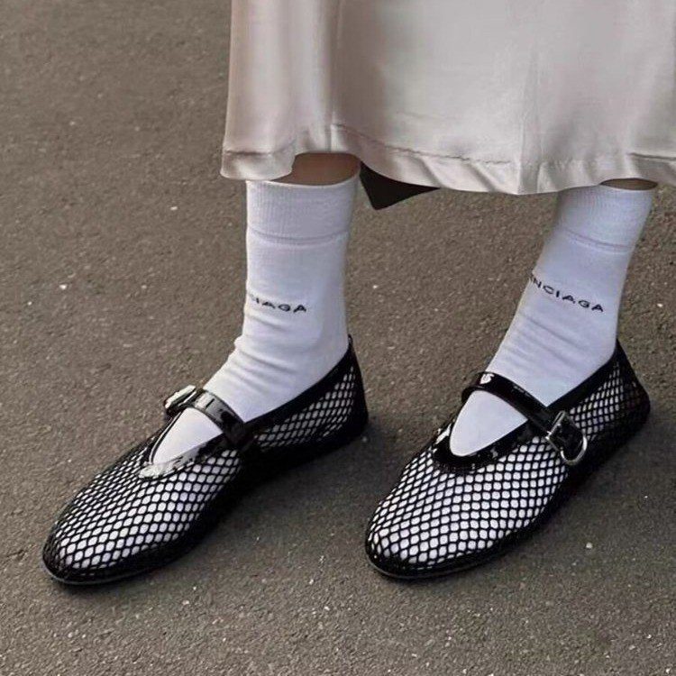 Temu Novos Sapatos Femininos Plus Size Transfronteiriços, sapatos de ballet em malha, fivelas de cinto femininas, acabamentos em verniz, confortáveis, respiráveis, ocos