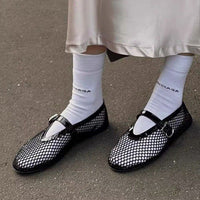 Temu Novos Sapatos Femininos Plus Size Transfronteiriços, sapatos de ballet em malha, fivelas de cinto femininas, acabamentos em verniz, confortáveis, respiráveis, ocos