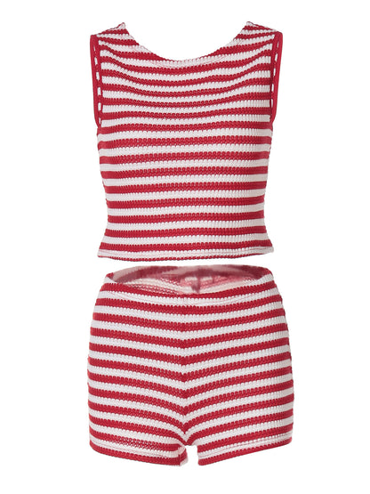 Bestseller transfronteiriço da Amazon, novo top-shirt de alças às riscas às riscas, calções slim fit sexy, conjunto de roupa feminina de duas peças