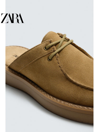 ZARA 2026 Novos Sapatos Masculinos de Verão com Acabamento em Camurça, Bico Redondo, Sola de Madeira, 2467720 102