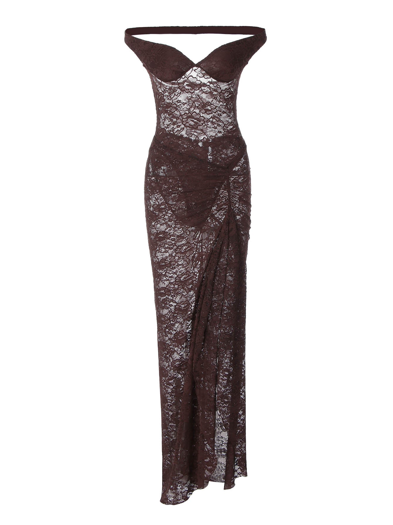 Conjunto de vestido longo de verão transfronteiriço, europeu e americano, com retalhos sexy, ombros sem costas, de renda translúcida com fendas, conjunto de vestido comprido para mulheres