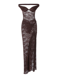 Conjunto de vestido longo de verão transfronteiriço, europeu e americano, com retalhos sexy, ombros sem costas, de renda translúcida com fendas, conjunto de vestido comprido para mulheres