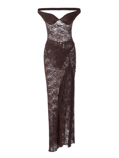 Conjunto de vestido longo de verão transfronteiriço, europeu e americano, com retalhos sexy, ombros sem costas, de renda translúcida com fendas, conjunto de vestido comprido para mulheres