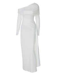 Verão 2026 Novo vestido feminino feminino transfronteiriço elegante de cor sólida com decote diagonal, envolvimento nas ancas, fita para emagrecer para mulheres