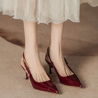 Sandálias de salto alto bordô para mulheres, sapatos de bico meio fechado com bico e ponta aguda, sapatos estilo Chanel, sandálias de moda feminina