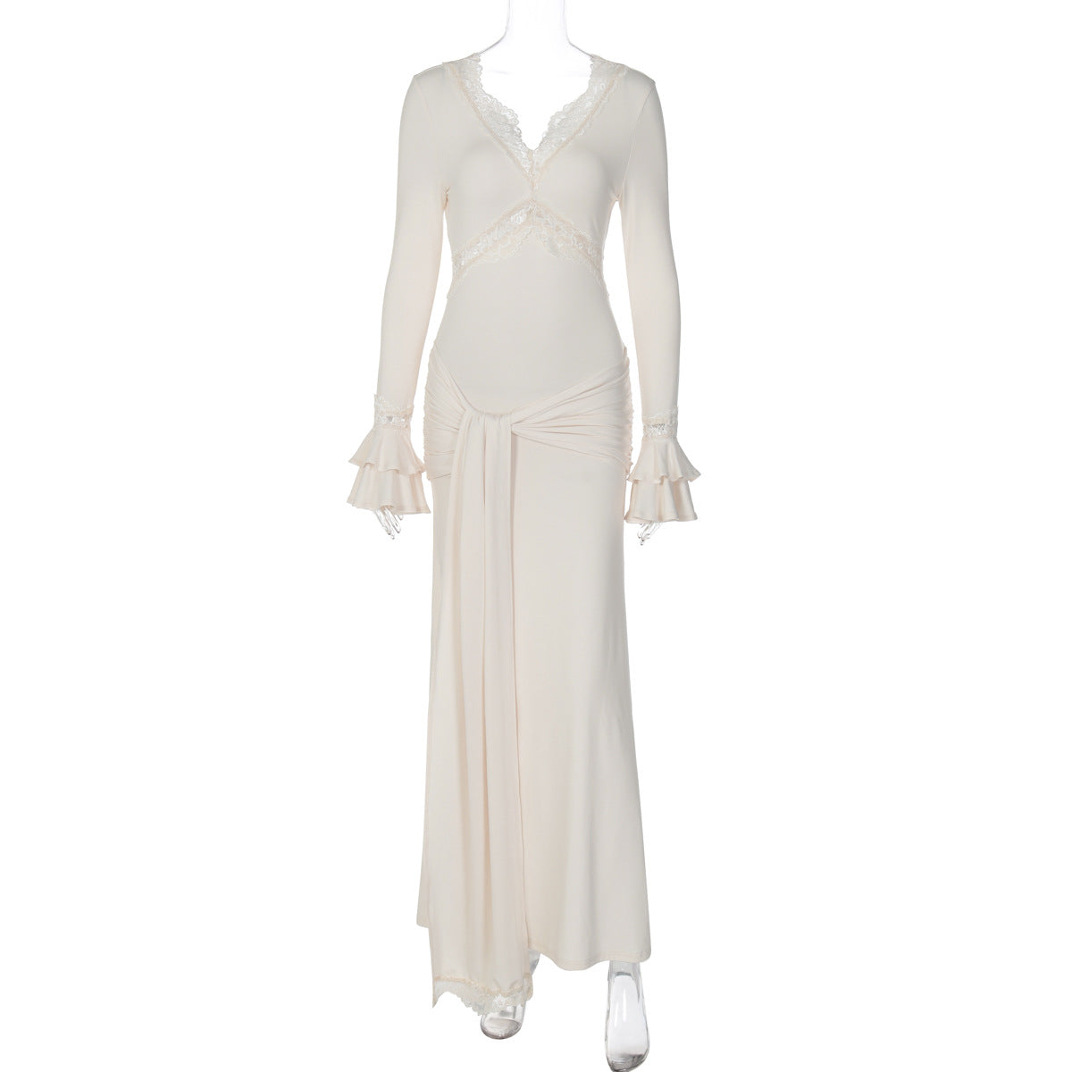 Vestido feminino feminino elegante de decote em V e decote em V mais vendido da Amazon, vestido de gravata ajustado de mangas longas com folhos e mangas longas