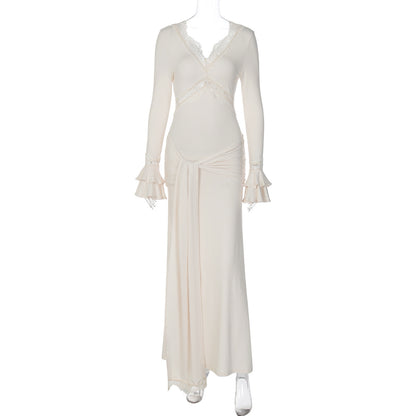 Vestido feminino feminino elegante de decote em V e decote em V mais vendido da Amazon, vestido de gravata ajustado de mangas longas com folhos e mangas longas