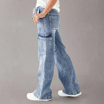 Em Stock Europeu e Americano Outono 2025 Novos Jeans de Atacadores para Mulher, Calças de trabalho casuais largas de perna direita, Lavadas