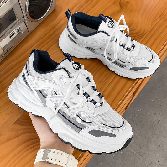 Masculino Verão Respirável, Versátil Casual Estudante Corrida, Viagens Desportos Pequenos Ténis Brancos Dad Port Trend com sola grossa e aumento de altura