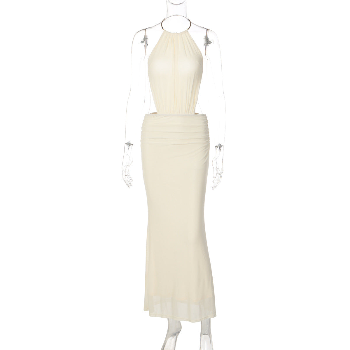 Amazon Novo Vestido Feminino Feminino de Metal com Anel Metálico, Gola Halter, Sexy Sem Costas, Dropshipping de Vestido Longo que Envolve a Anca