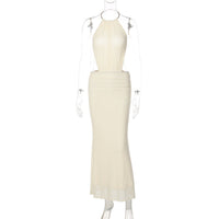 Amazon Novo Vestido Feminino Feminino de Metal com Anel Metálico, Gola Halter, Sexy Sem Costas, Dropshipping de Vestido Longo que Envolve a Anca