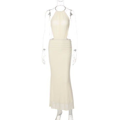 Amazon Novo Vestido Feminino Feminino de Metal com Anel Metálico, Gola Halter, Sexy Sem Costas, Dropshipping de Vestido Longo que Envolve a Anca