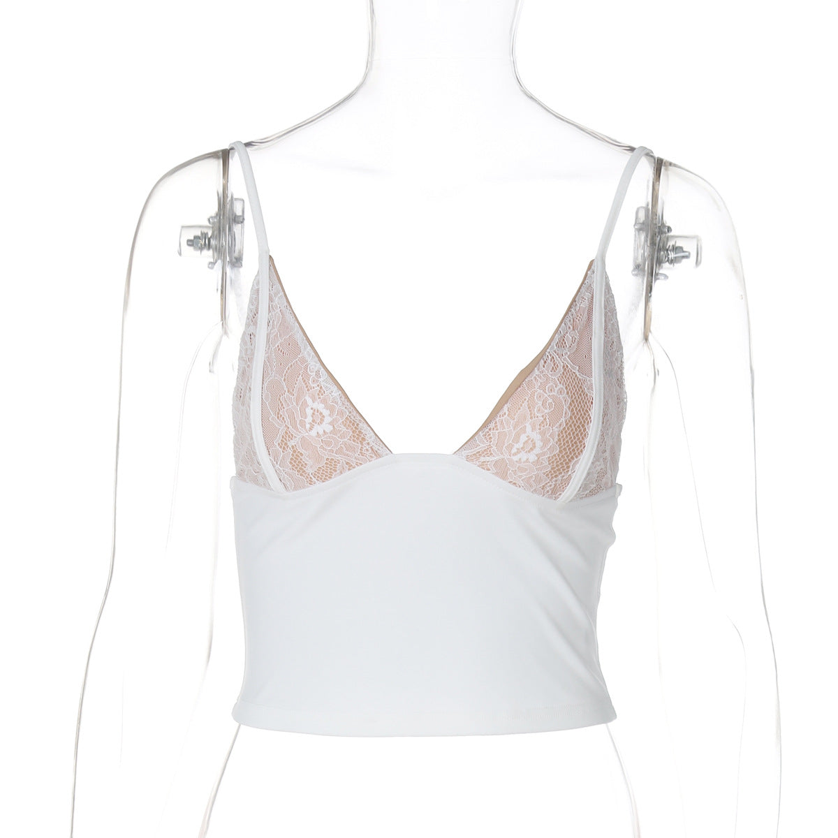 Camisolas de verão femininas europeias e americanas, top vendido de renda em V profundo com corte curto, corte justo, camada interior versátil estilo hot girl, camisola pequena com tira na cintura