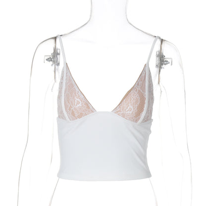 Camisolas de verão femininas europeias e americanas, top vendido de renda em V profundo com corte curto, corte justo, camada interior versátil estilo hot girl, camisola pequena com tira na cintura