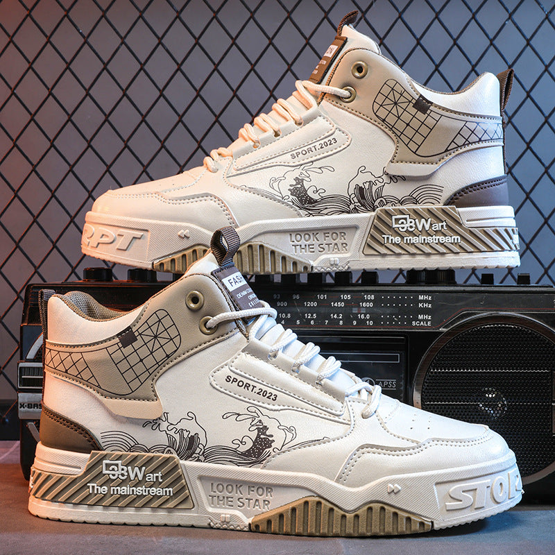 Sapatos masculinos chineses da moda, sapatos originais e versáteis de nicho para o quadro branco que aumentam a altura, sapatos desportivos casuais de outono de corte alto e modernos