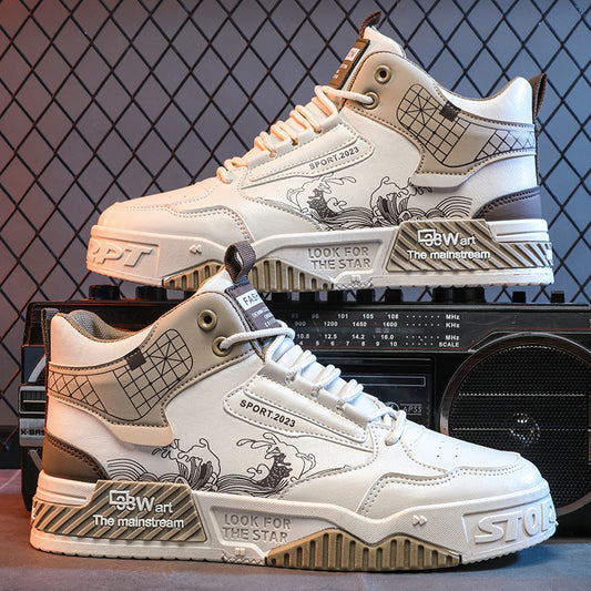 Sapatos masculinos chineses da moda, sapatos originais e versáteis de nicho para o quadro branco que aumentam a altura, sapatos desportivos casuais de outono de corte alto e modernos