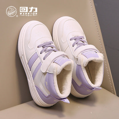 Sapatos roxos de lã alta, forrados a polar, sapatos infantis Warrior, sapatos de algodão para raparigas, sapatos casuais às riscas com sola grossa, sapatos novos para homem
