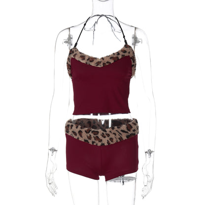Conjunto de Novo Estilo Europeu e Americano: Alças Sem Alças Doces e Picantes que Apertam a Cintura, Calções Justos, Conjunto Feminino de Duas Peças com Estampado de Leopardo Plush