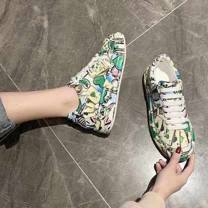 Sapatos coloridos de pai para mulheres, tendência de verão e outono Novos graffiti estampados da Amazon, sapatos casuais plus size