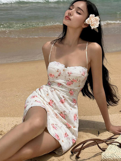 Comércio externo ao estilo europeu e americano da INS, novo e doce vestido de princesa floral em renda de borda de praia para mulheres