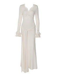 Vestido feminino feminino elegante de decote em V e decote em V mais vendido da Amazon, vestido de gravata ajustado de mangas longas com folhos e mangas longas