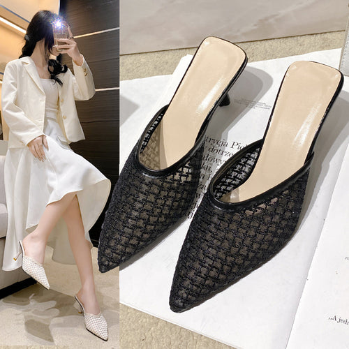 Verão 2025 Roupa Exterior Feminina de Bico Fechado e Meio Slip: Sandálias de Salto Alto Retro Stiletto, Sapatos de Bico Pontiagudo Estilo Fada