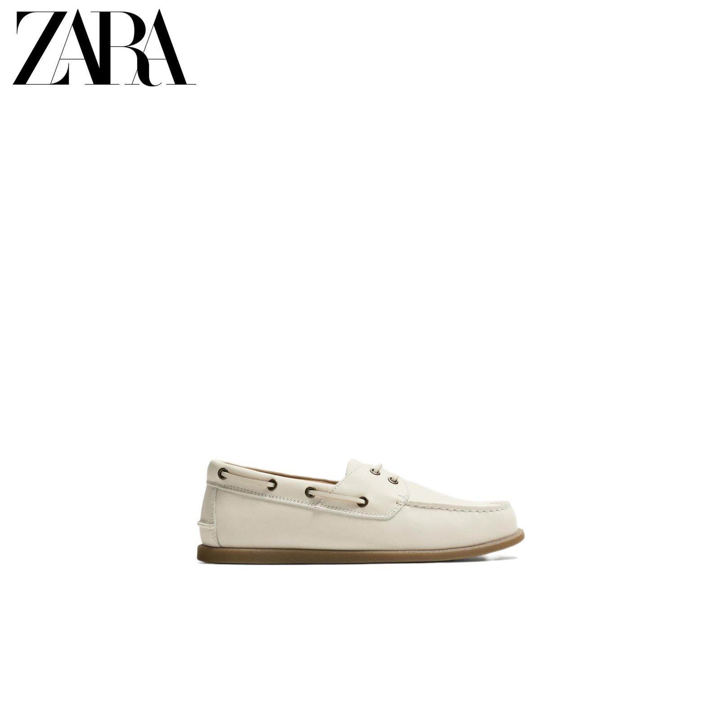 Sapatos masculinos ZARA Primavera/Verão 2026, cabedal em couro liso branco, bico redondo, estilo náutico, 2438720 001