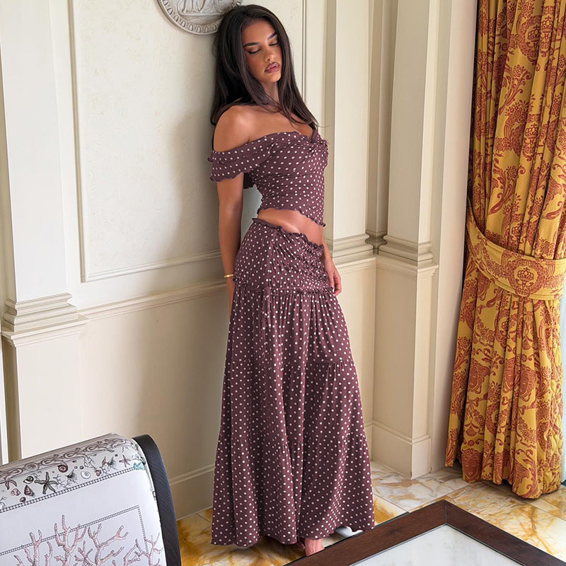 Conjunto de vestido longo para mulheres europeias e americanas de moda laço de bolinhas com laço longo de moda elegante de moda laço de bolinhas