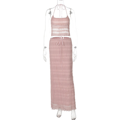 Moda de Verão Francesa 2026 Novo Conjunto de Vestido Longo Slim de Estilo Europeu e Americano de Decote Halter, Corpo Sem Costas, Ajustado Elegante Estilo Europeu e Americano