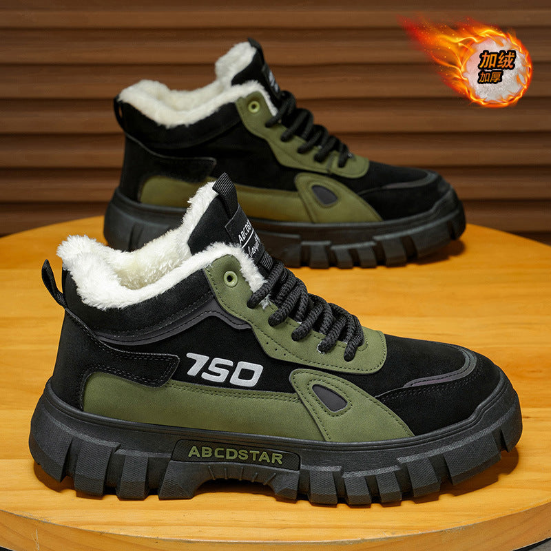 Sapatos de caminhada de trabalho de cabo alto forrados a polar de inverno 2025, botas desportivas de algodão de neve resistentes ao desgaste masculino