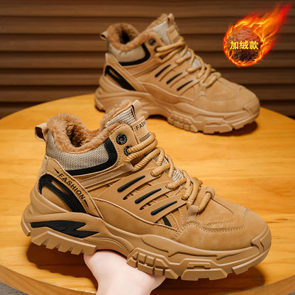 Sapatos Masculinos 2025 Novos Invernos Casuais Forrados a Fleece Calor Espessado Aumento de Altura Caminhadas Masculinas Martin Desporto Pai Sapatos Modernos